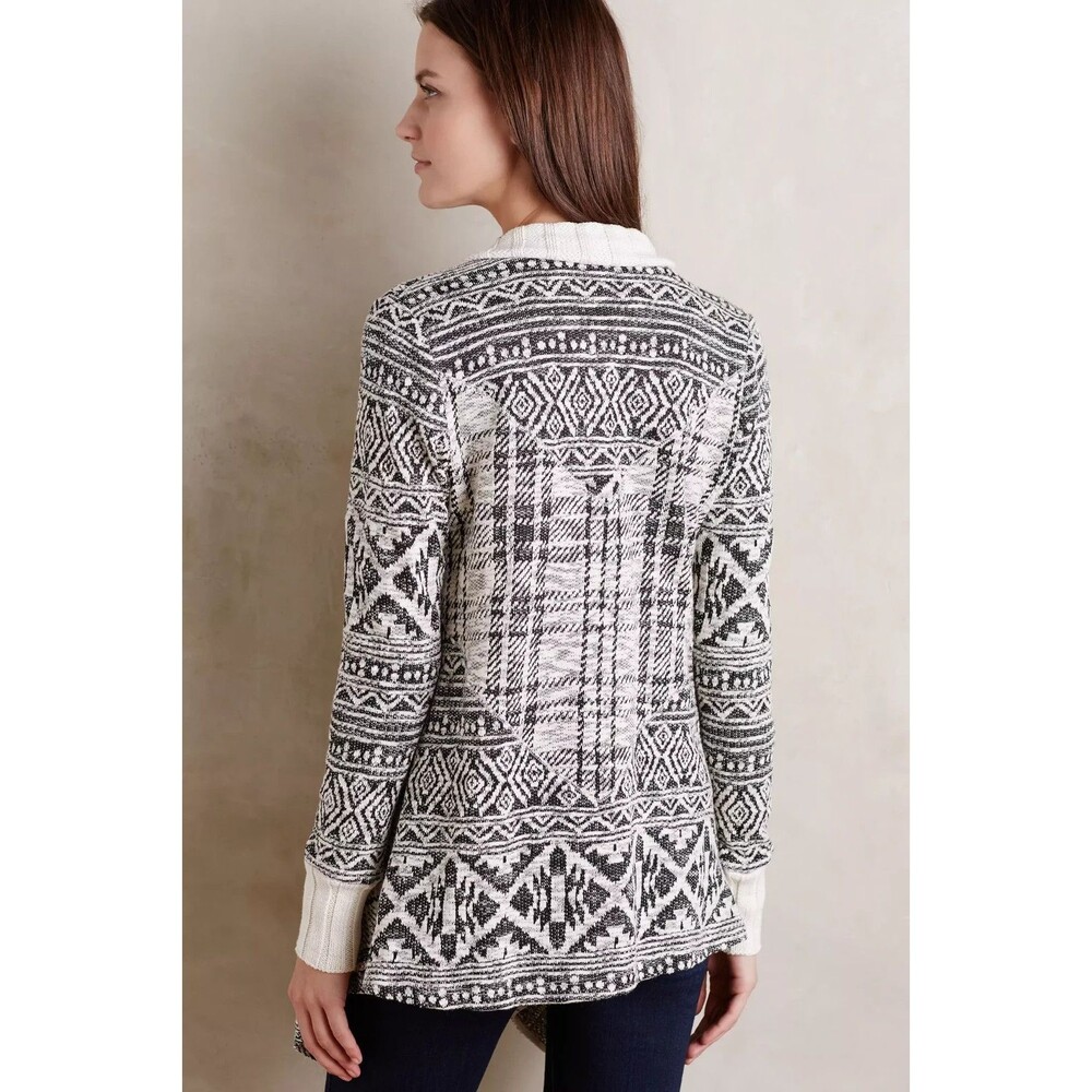Anthropologie Cardigan Ivory Black Cotton Mazarine Jacquard Open Sz L